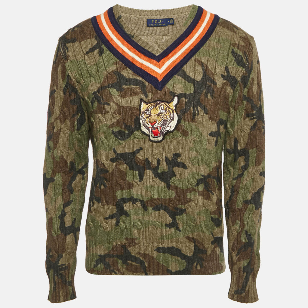 Polo Ralph Lauren Green Camouflage Tiger Applique Knit Pullover M