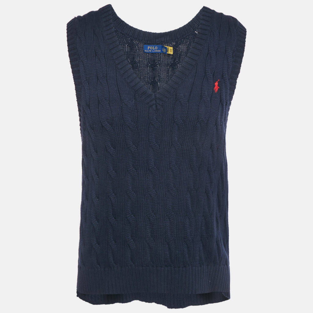 Polo Ralph Lauren Navy Blue Cable Knit V-Neck Vest L Polo Ralph Lauren Navy Blue Cable Knit V-Neck Vest L