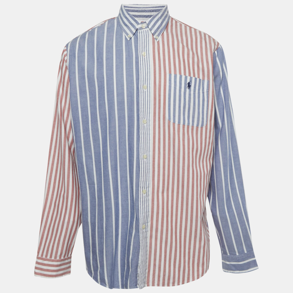 Polo Ralph Lauren Blue /Red Striped Logo Embroidered Cotton Shirt XL