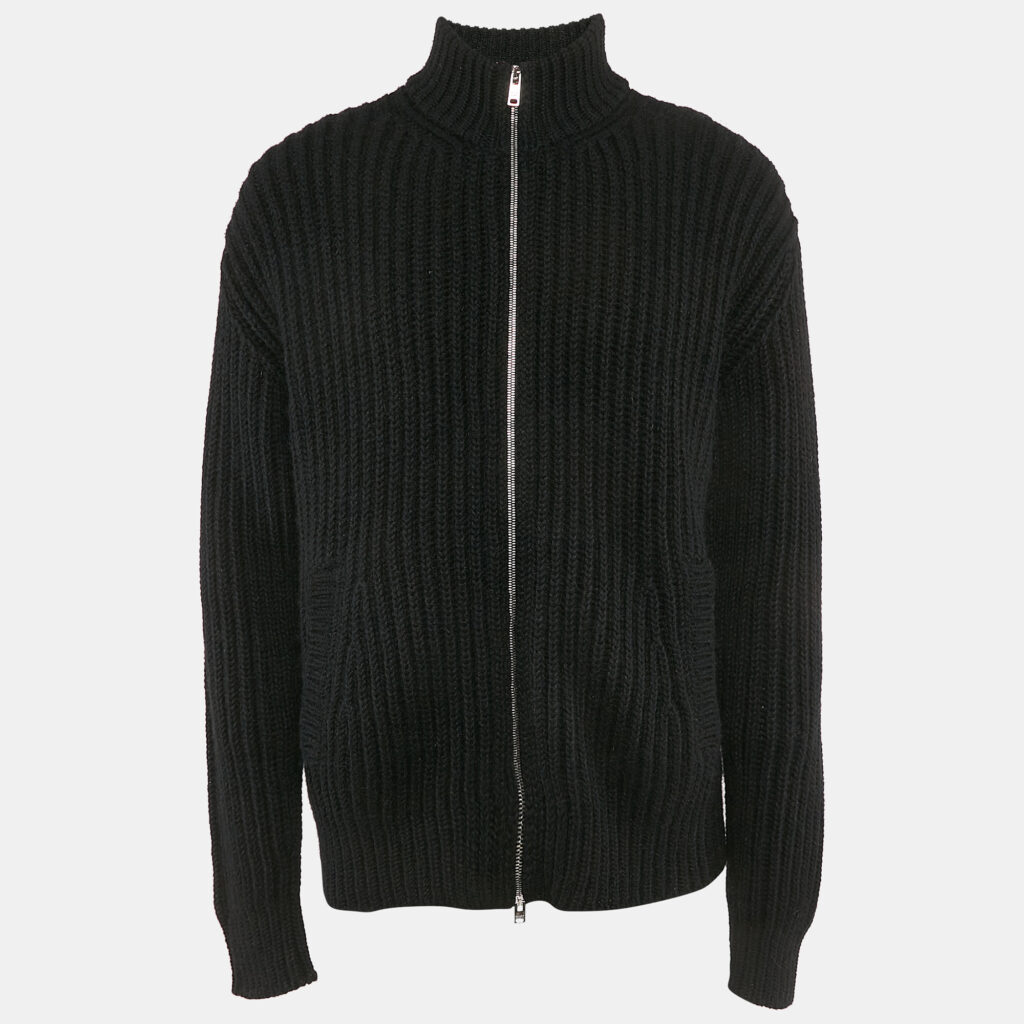 Prada Black Rib Knit Zip-Up Cardigan L Prada Black Rib Knit Zip-Up Cardigan L
