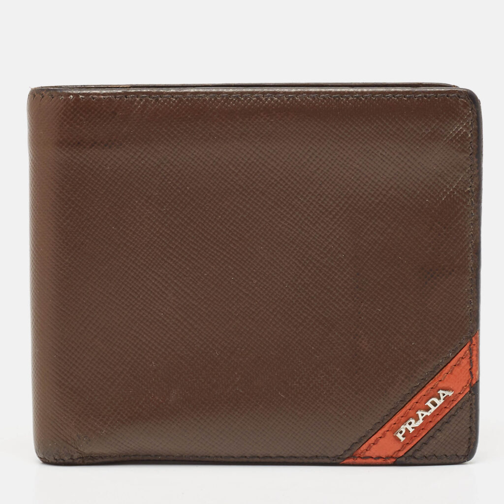 Prada Dark Brown/Orange Saffiano Metal Leather Bi Fold Wallet Prada Dark Brown/Orange Saffiano Metal Leather Bi Fold Wallet