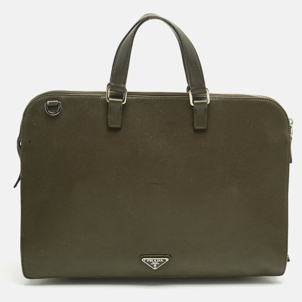 Prada Olive Green Saffiano Lux Leather Briefcase Bag