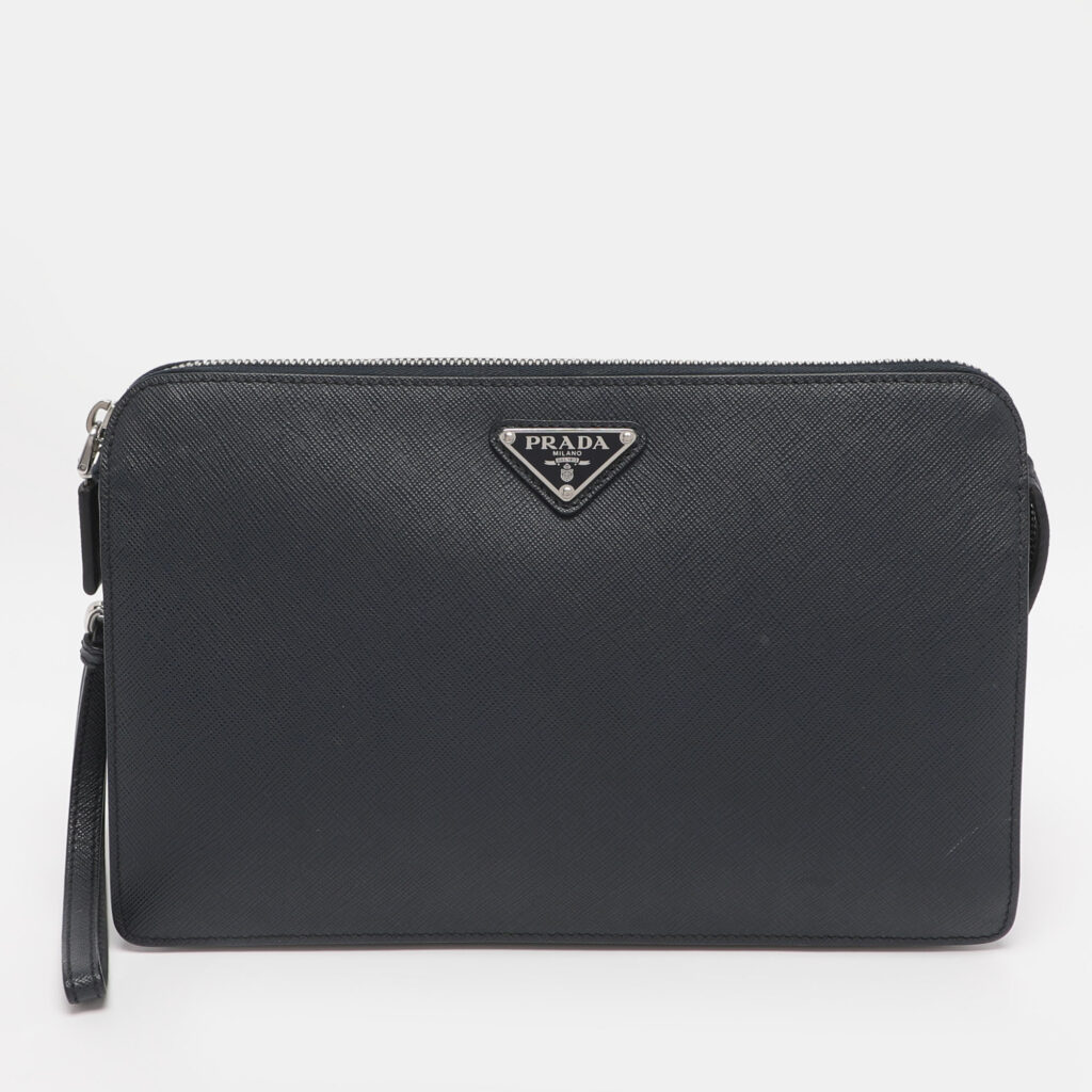 Prada Navy Blue Saffiano Leather Wristlet Pouch