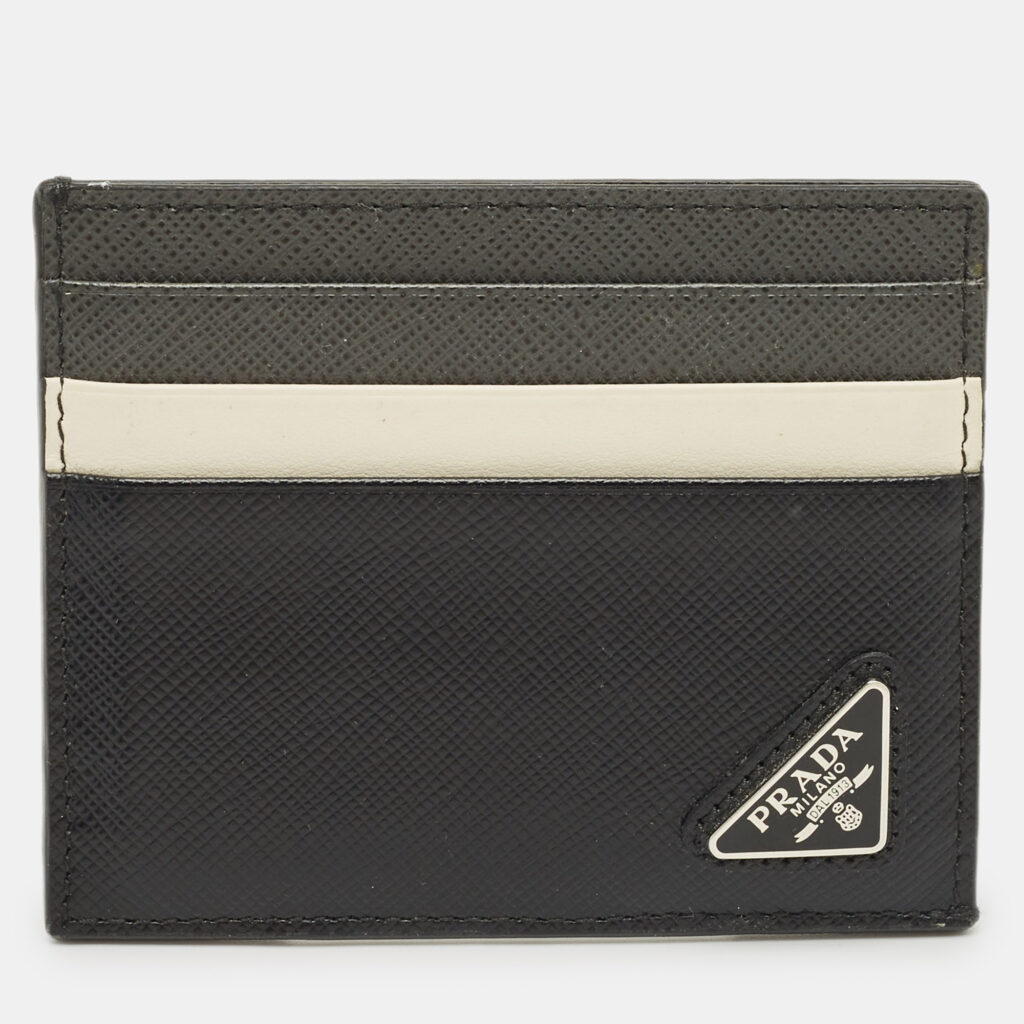 luxury-men-prada-used-bags-p1237345-001-1.jpg Prada Black/White Saffiano Metal Leather Logo Card Holder