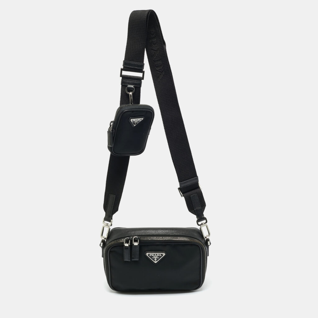 Prada Black Saffiano Lux Leather and Re-Nylon Brique Crossbody Bag Prada Black Saffiano Lux Leather and Re-Nylon Brique Crossbody Bag
