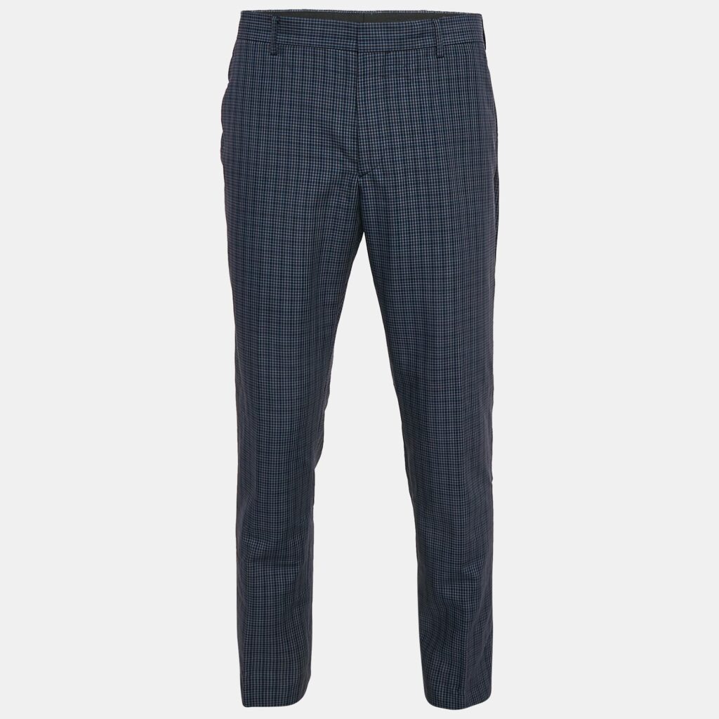 Prada Blue Checked Wool Regular Fit Trousers L Prada Blue Checked Wool Regular Fit Trousers L