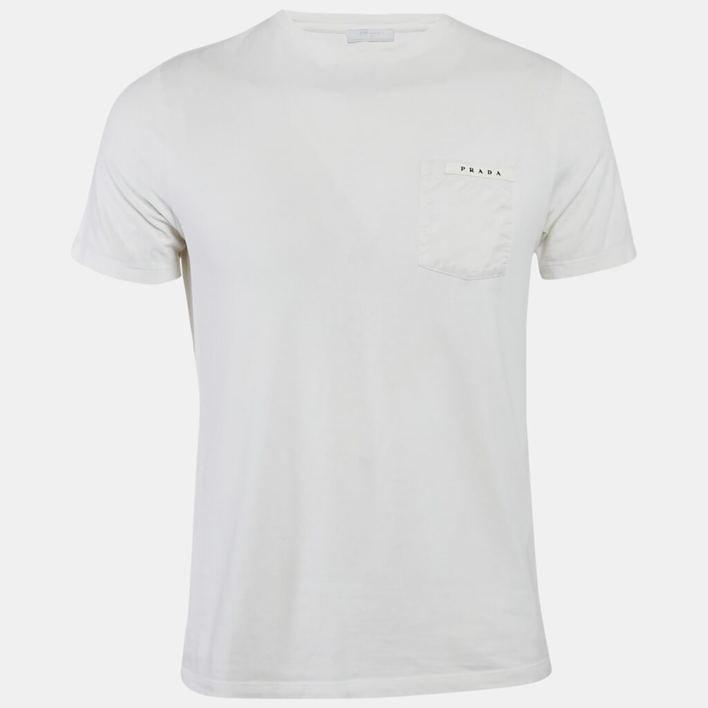 Prada White Cotton Knit Pocket Detail Crew Neck T-Shirt S Prada White Cotton Knit Pocket Detail Crew Neck T-Shirt S