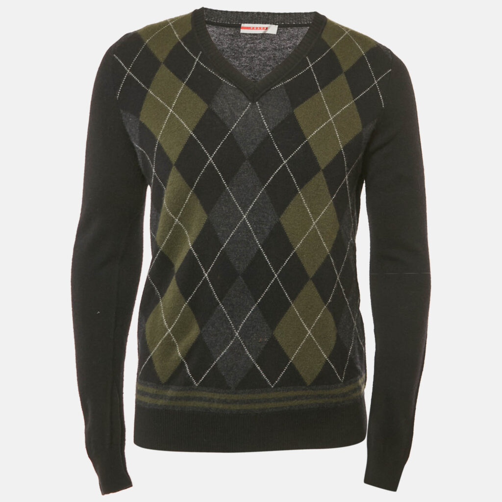 Prada Black Argyle Wool V-Neck Long Sleeve Sweater XL Prada Black Argyle Wool V-Neck Long Sleeve Sweater XL
