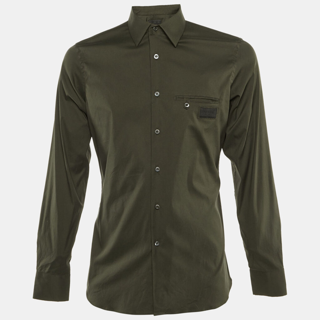 Prada Olive Green Cotton Blend Logo Detail Full Sleeve Shirt M Prada Olive Green Cotton Blend Logo Detail Full Sleeve Shirt M