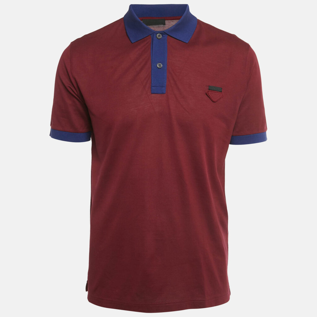 Prada Burgundy & Blue Cotton Triangle Logo Applique Two Tone Polo T-Shirt XXL Prada Burgundy & Blue Cotton Triangle Logo Applique Two Tone Polo T-Shirt XXL