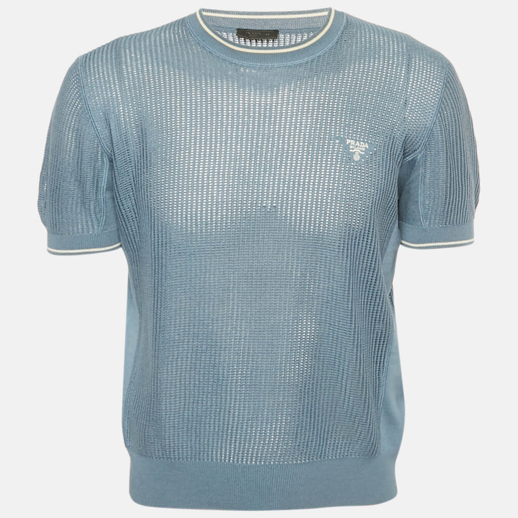 Prada Slate Blue Logo Embroidered Open Knit T-Shirt S