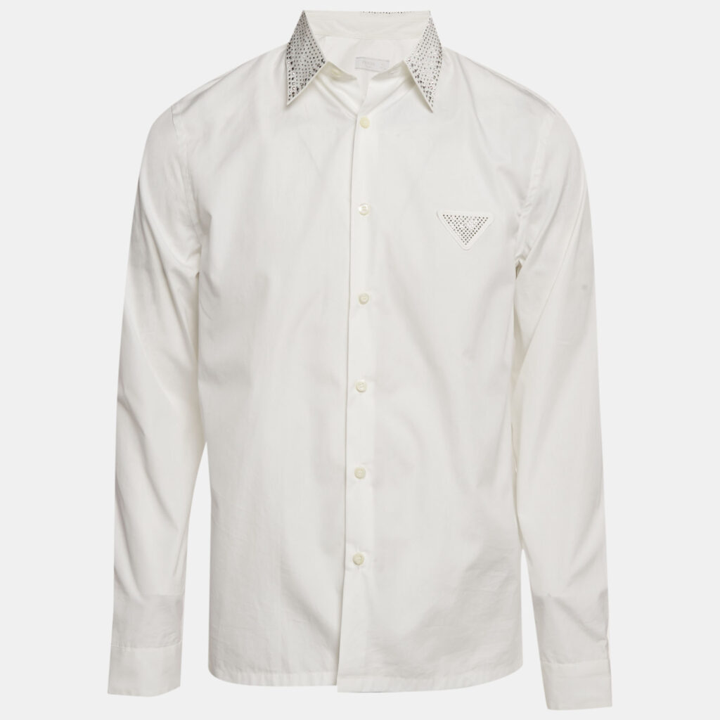 Prada White Rhinestone Detail Cotton Long Sleeve Shirt M Prada White Rhinestone Detail Cotton Long Sleeve Shirt M