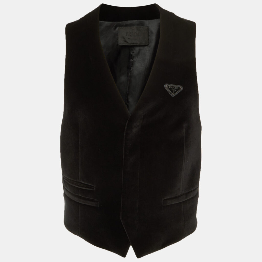 Prada Black Velvet Triangle Logo Plaque Waistcoat M Prada Black Velvet Triangle Logo Plaque Waistcoat M