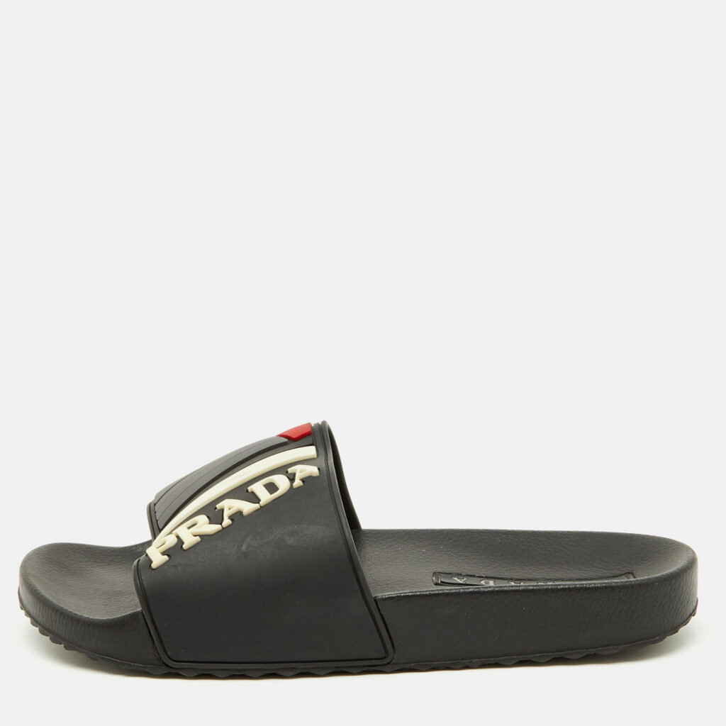 Prada Black Rubber Logo Flat Pool Slide Sandals Size 40 Prada Black Rubber Logo Flat Pool Slide Sandals Size 40