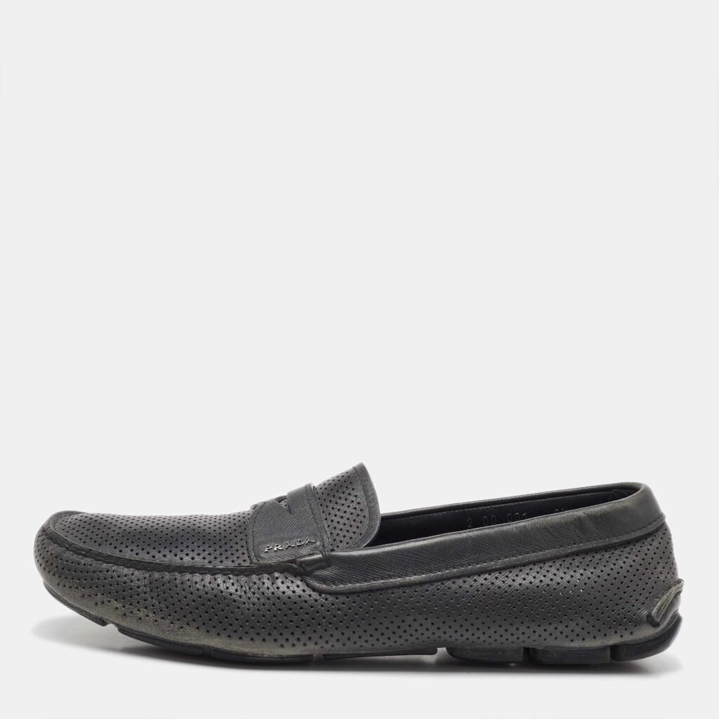 Prada Dark Grey Perforated Leather Slip On Loafers Size 43.5 Prada Dark Grey Perforated Leather Slip On Loafers Size 43.5