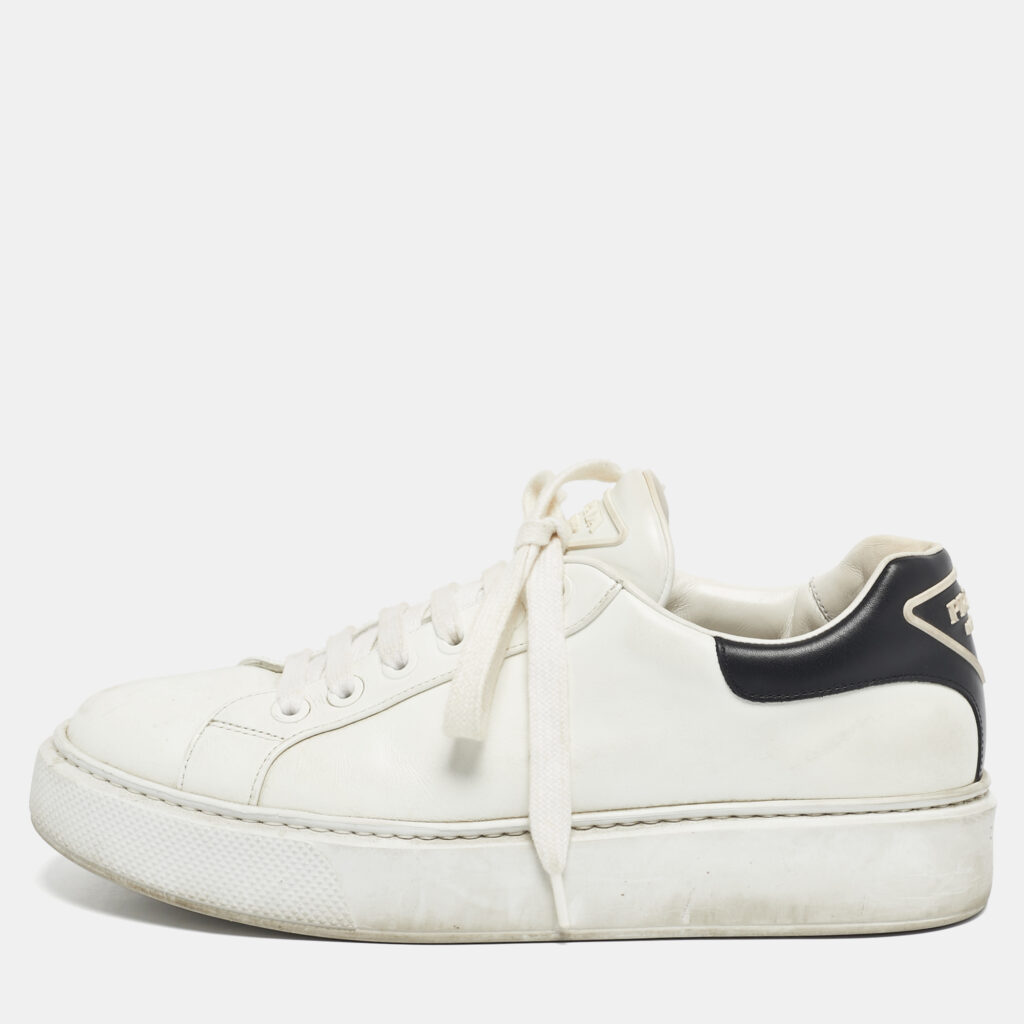 Prada White/Black Leather Macro Low Top Sneakers Size 41.5