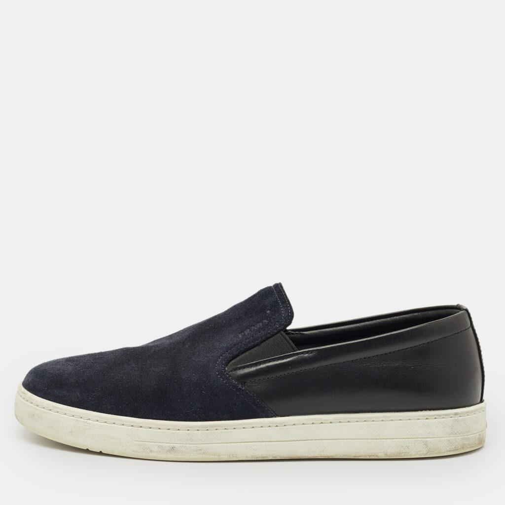 Prada Navy Blue Leather and Suede Slip On Sneakers Size 41.5
