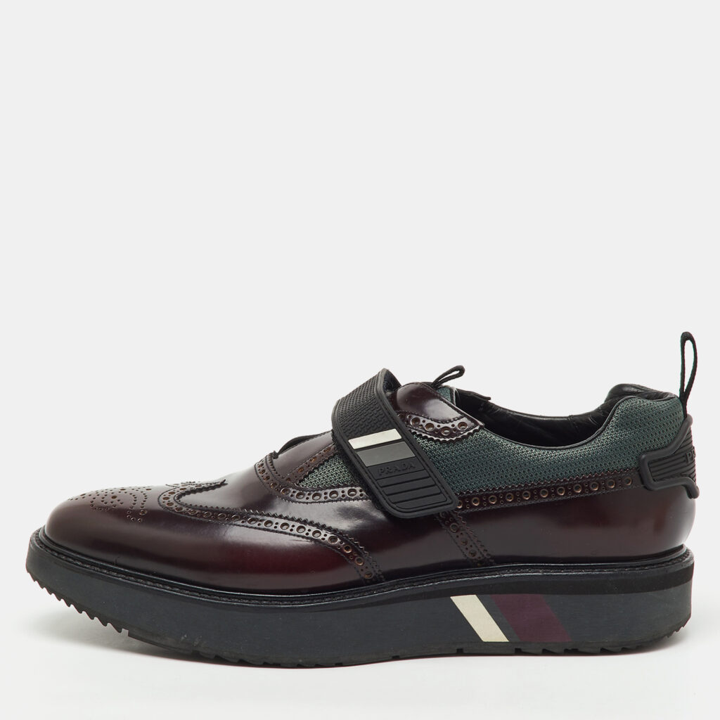 Prada Burgundy Brogue Leather and Fabric Velcro Oxfords Size 43.5 Prada Burgundy Brogue Leather and Fabric Velcro Oxfords Size 43.5