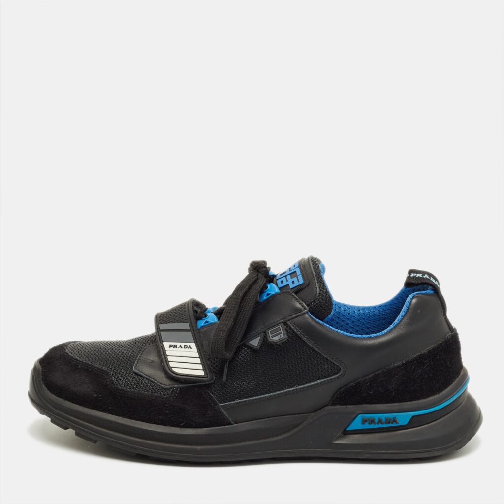 Prada Black/Blue Leather, Suede and Mesh Mechano Sneakers Size 45 Prada Black/Blue Leather, Suede and Mesh Mechano Sneakers Size 45