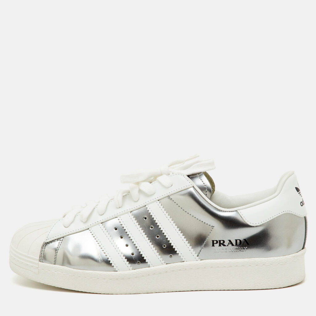 Prada x Adidas Silver/White Leather Superstar Low Top Sneakers Size 43 1/3