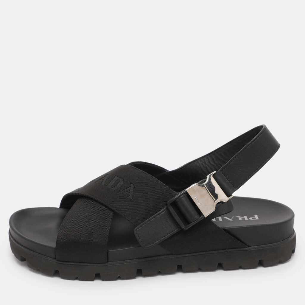 Prada Black Balistic Nylon Cross Strap Slide Sandals Size 44