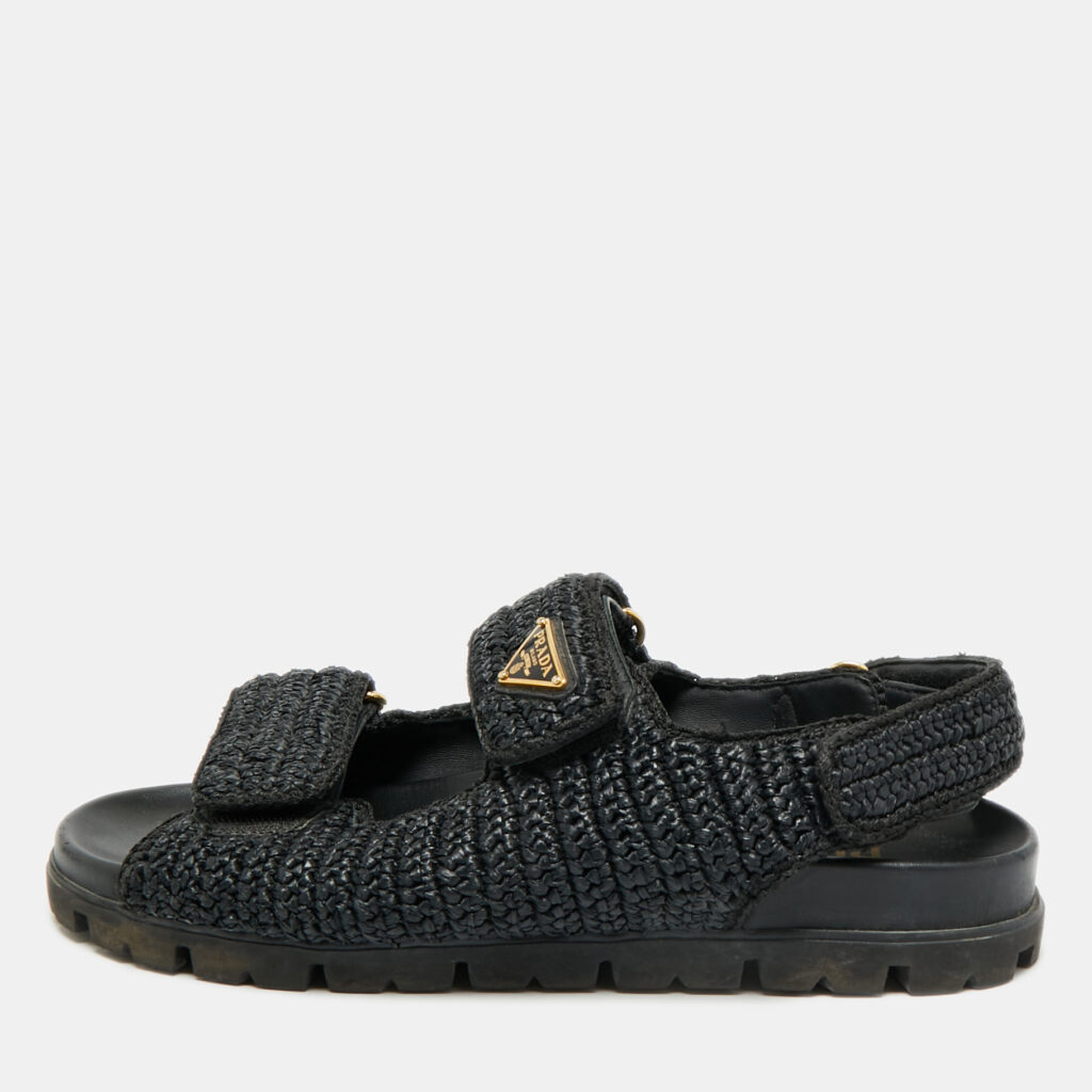 Prada Size 41 Black Woven Straw Slingback Flat Sandals