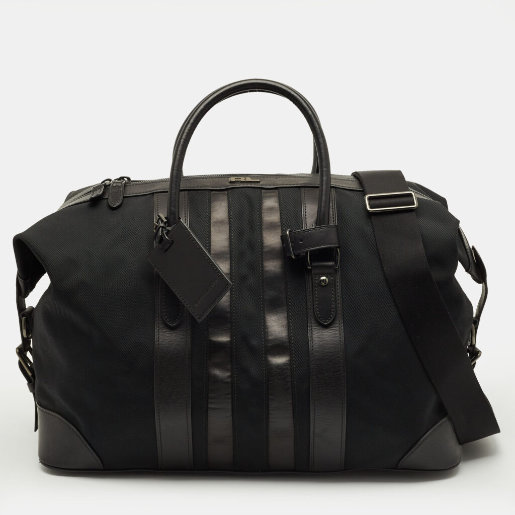 Ralph Lauren Black Leather and Nylon Striped Duffel Bags Ralph Lauren Black Leather and Nylon Striped Duffel Bags