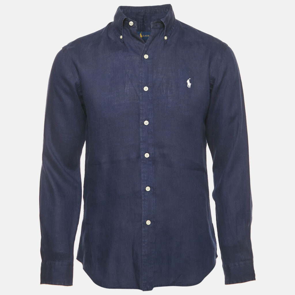 Ralph Lauren Navy Blue Logo Embroidery Linen Button Down Shirt S Ralph Lauren Navy Blue Logo Embroidery Linen Button Down Shirt S