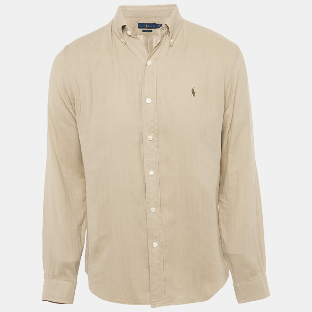 Ralph Lauren Camel Brown Logo Embroidered Cotton Custom Fit Shirt M