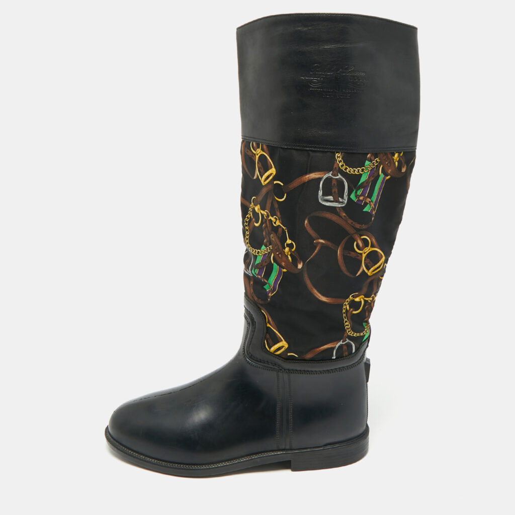 Ralph Lauren Black Rubber and Satin Chain Print Rain Boots Size 43.5 Ralph Lauren Black Rubber and Satin Chain Print Rain Boots Size 43.5