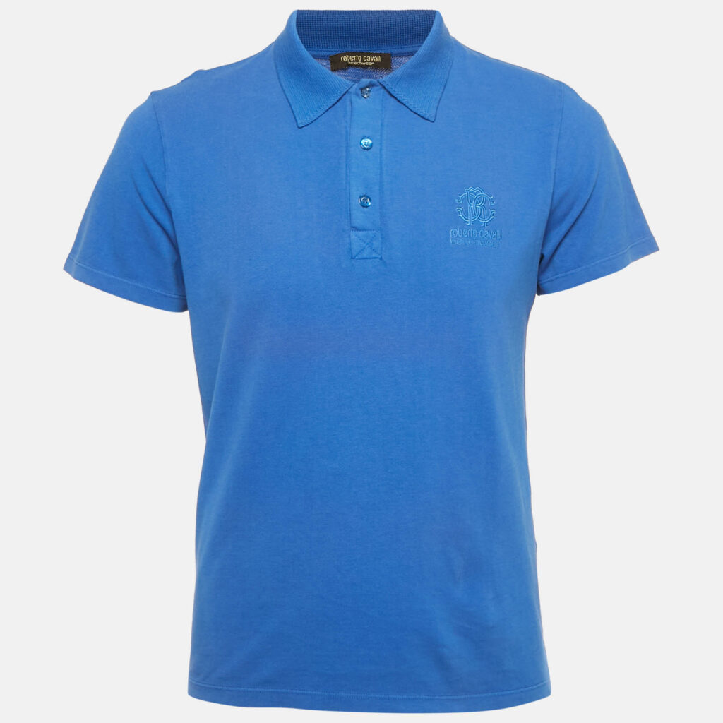 Roberto Cavalli Beachwear Blue Logo Embroidered Cotton Polo T-Shirt M