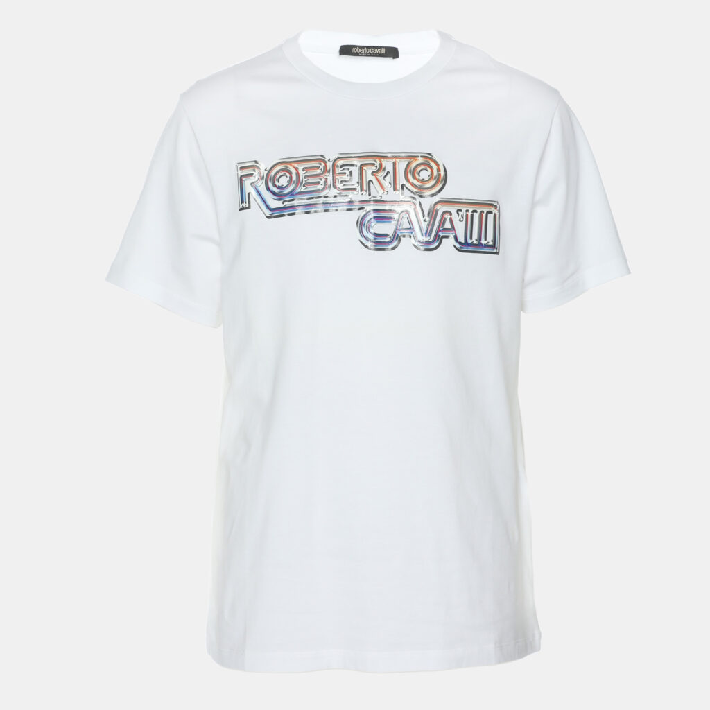 Robert Cavalli White Jersey Logo Print T-Shirt L Robert Cavalli White Jersey Logo Print T-Shirt L