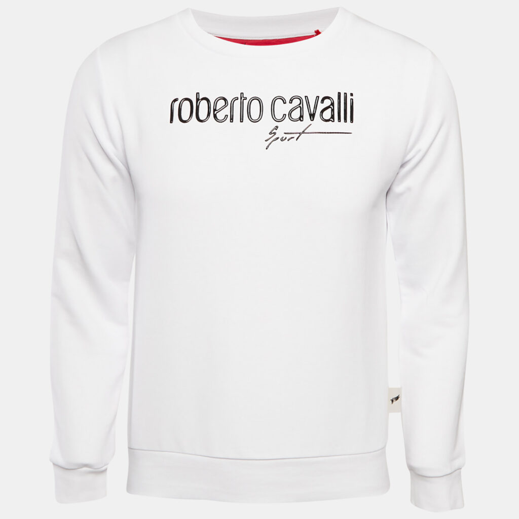 Roberto Cavalli White Cotton Knit Blend Crew Neck Sweatshirt M Roberto Cavalli White Cotton Knit Blend Crew Neck Sweatshirt M