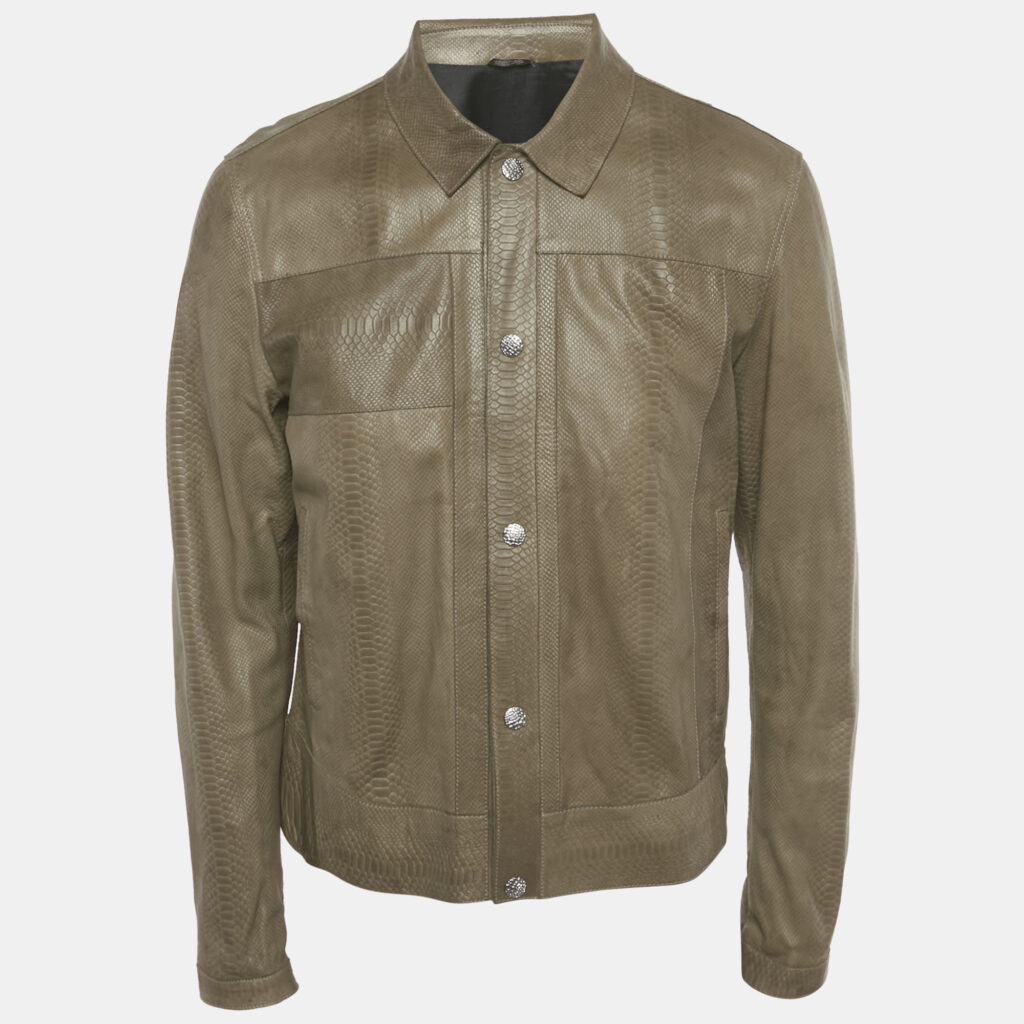 Roberto Cavalli Brown Reptile Textured Leather Button Front Jacket L Roberto Cavalli Brown Reptile Textured Leather Button Front Jacket L