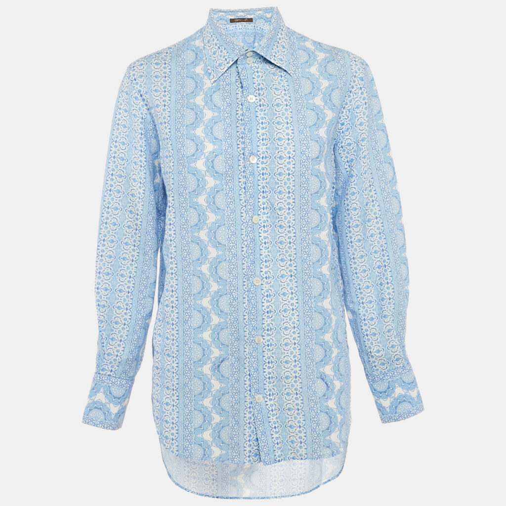 Roberto Cavalli Blue Printed Linen Blend Full sleeve Shirt L
