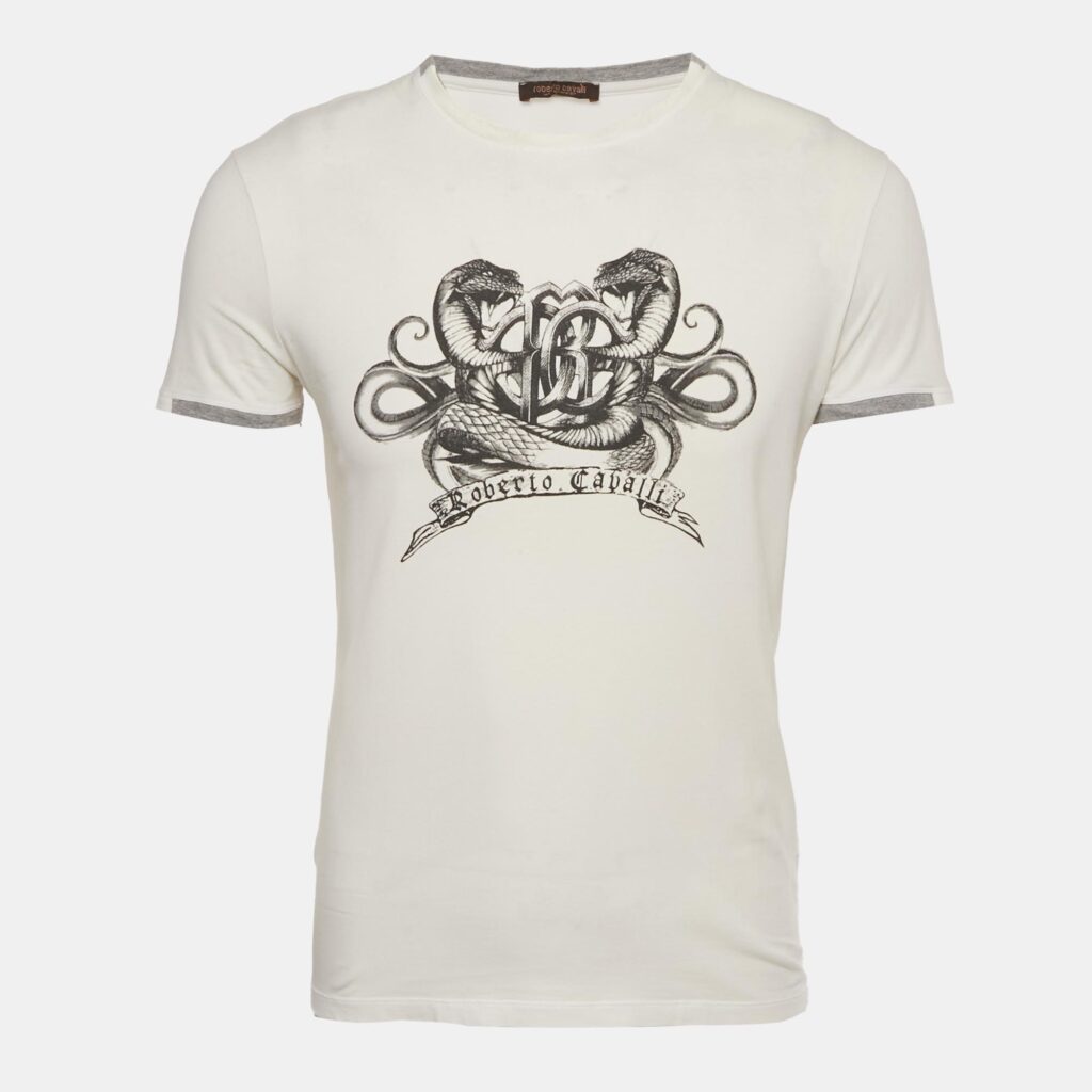 Roberto Cavalli Cream Printed Jersey T-Shirt M Roberto Cavalli Cream Printed Jersey T-Shirt M