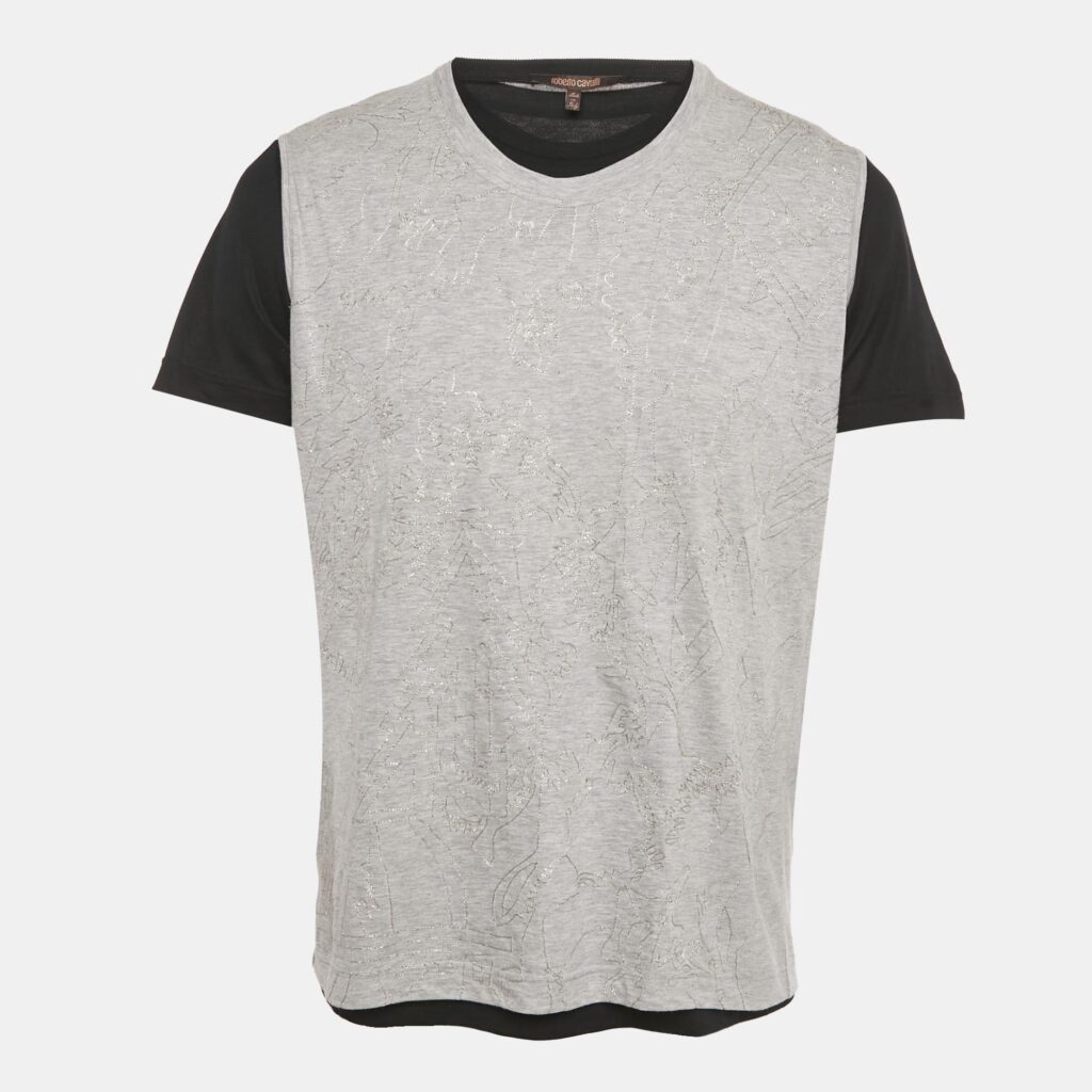 Roberto Cavalli Grey Embroidered Jersey Layered T-Shirt M