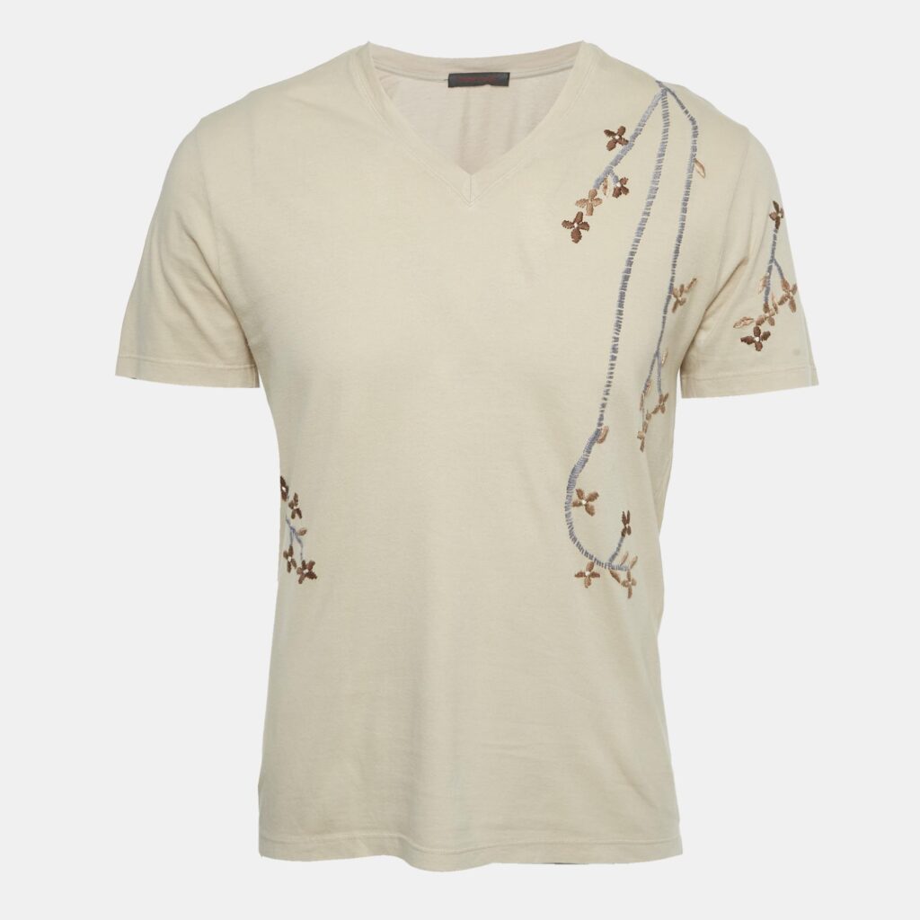 Roberto Cavalli Beige Floral Embroidered Jersey V-Neck T-Shirt S Roberto Cavalli Beige Floral Embroidered Jersey V-Neck T-Shirt S