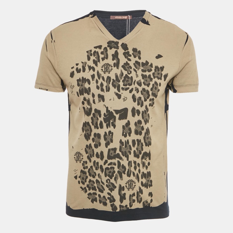 Roberto Cavalli Brown Printed Jersey V-Neck T-Shirt M