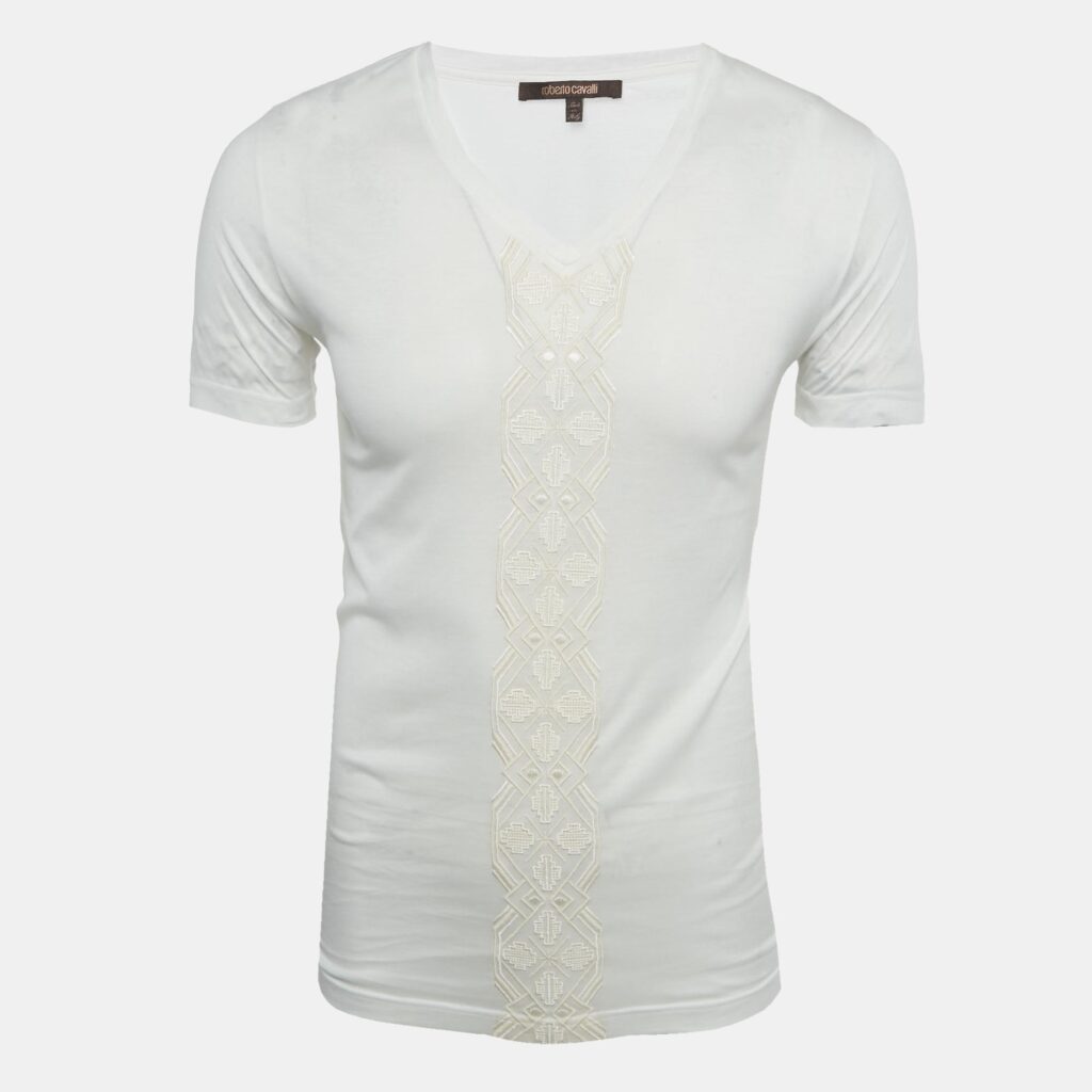 Roberto Cavalli White Embroidered Jersey V-Neck T-Shirt S Roberto Cavalli White Embroidered Jersey V-Neck T-Shirt S