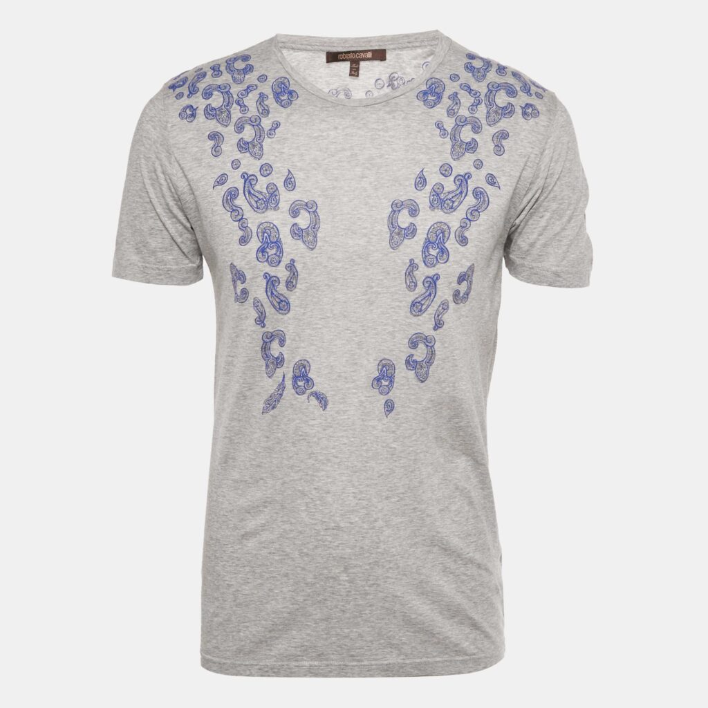 Roberto Cavalli Grey Paisley Print Jersey Crew Neck T-Shirt M Roberto Cavalli Grey Paisley Print Jersey Crew Neck T-Shirt M