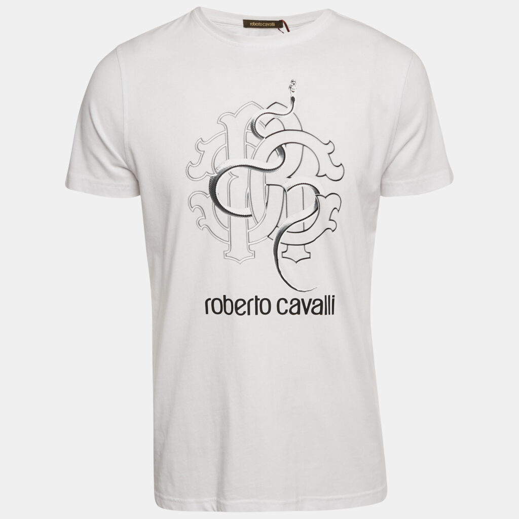 Roberto Cavalli White Snake Print Jersey T-Shirt L