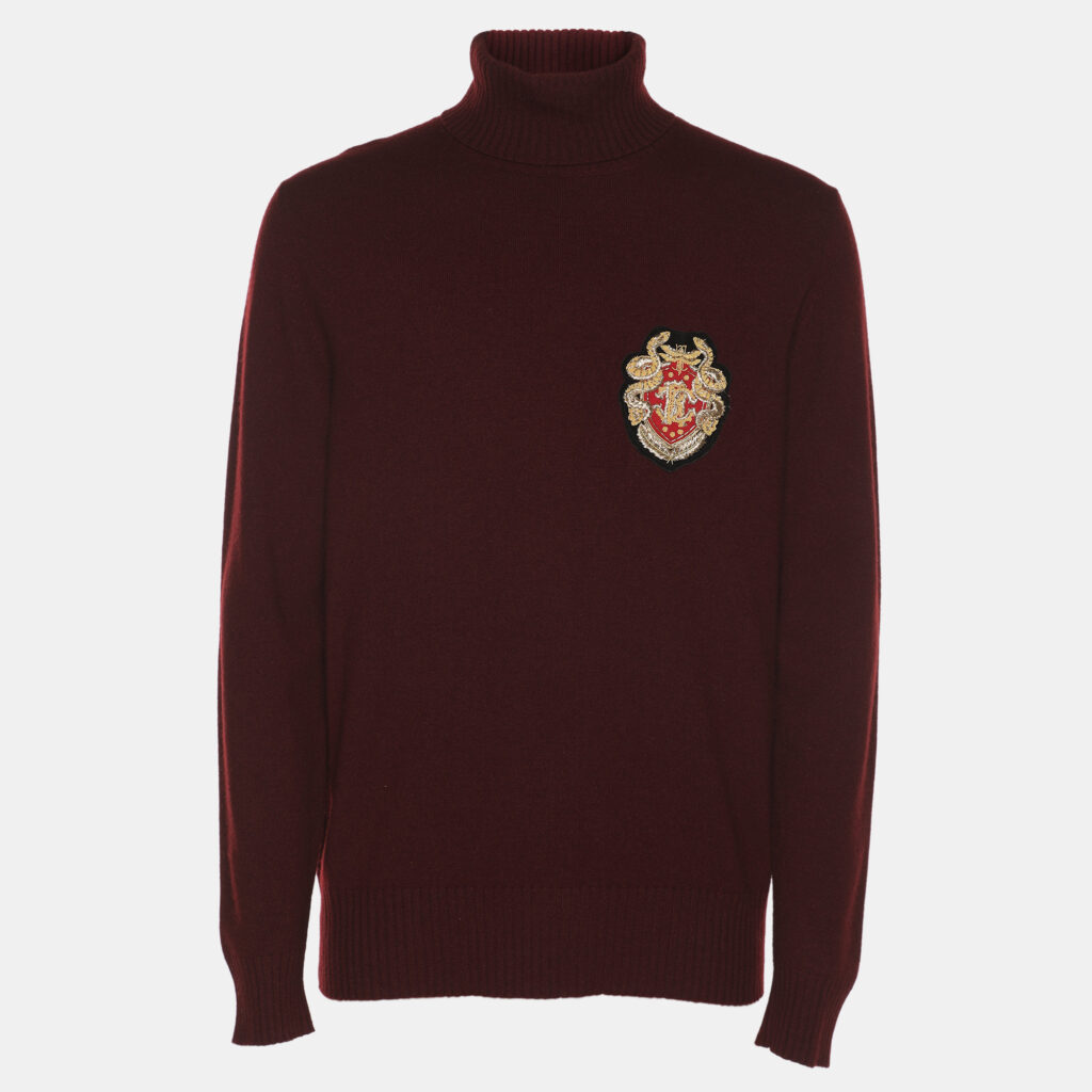 Roberto Cavalli Burgundy Wool Blend Logo Patch Turtle Neck Sweater M Roberto Cavalli Burgundy Wool Blend Logo Patch Turtle Neck Sweater M