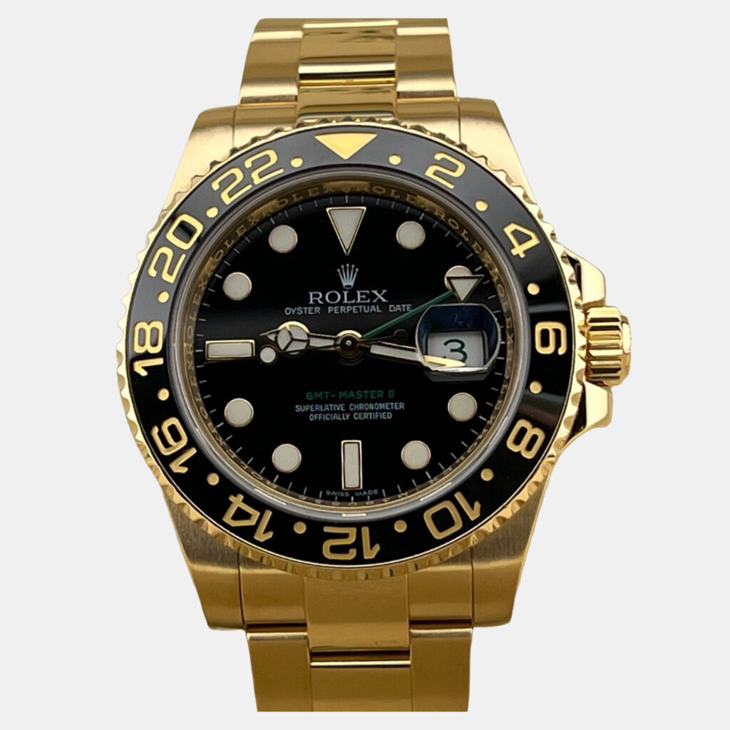 luxury-men-rolex-used-watches-p1221912-007-1.jpg Rolex GMT Master II 116718 Automatic Black and Yellow 18K Yellow Gold Men's Wristwatch 40mm