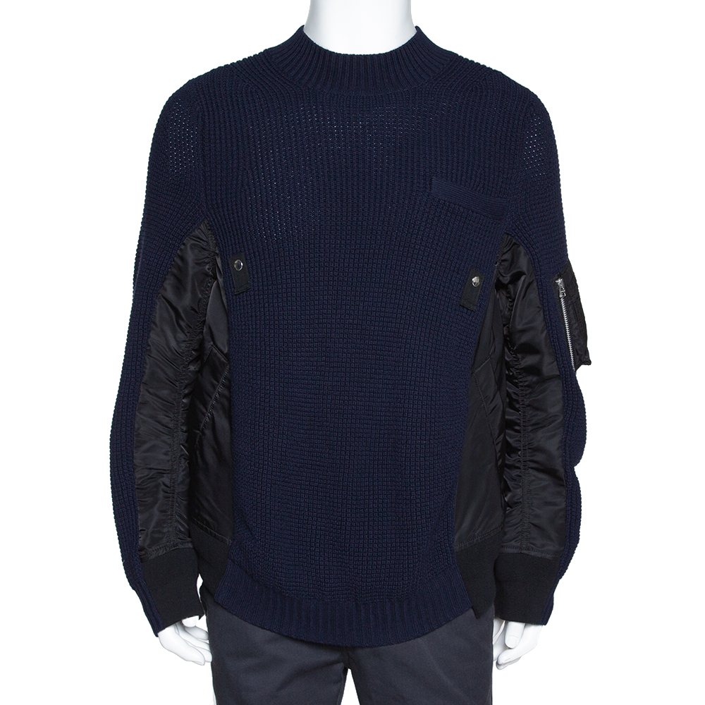 Sacai Navy Blue Rib Knit Wool Paneled Pullover M
