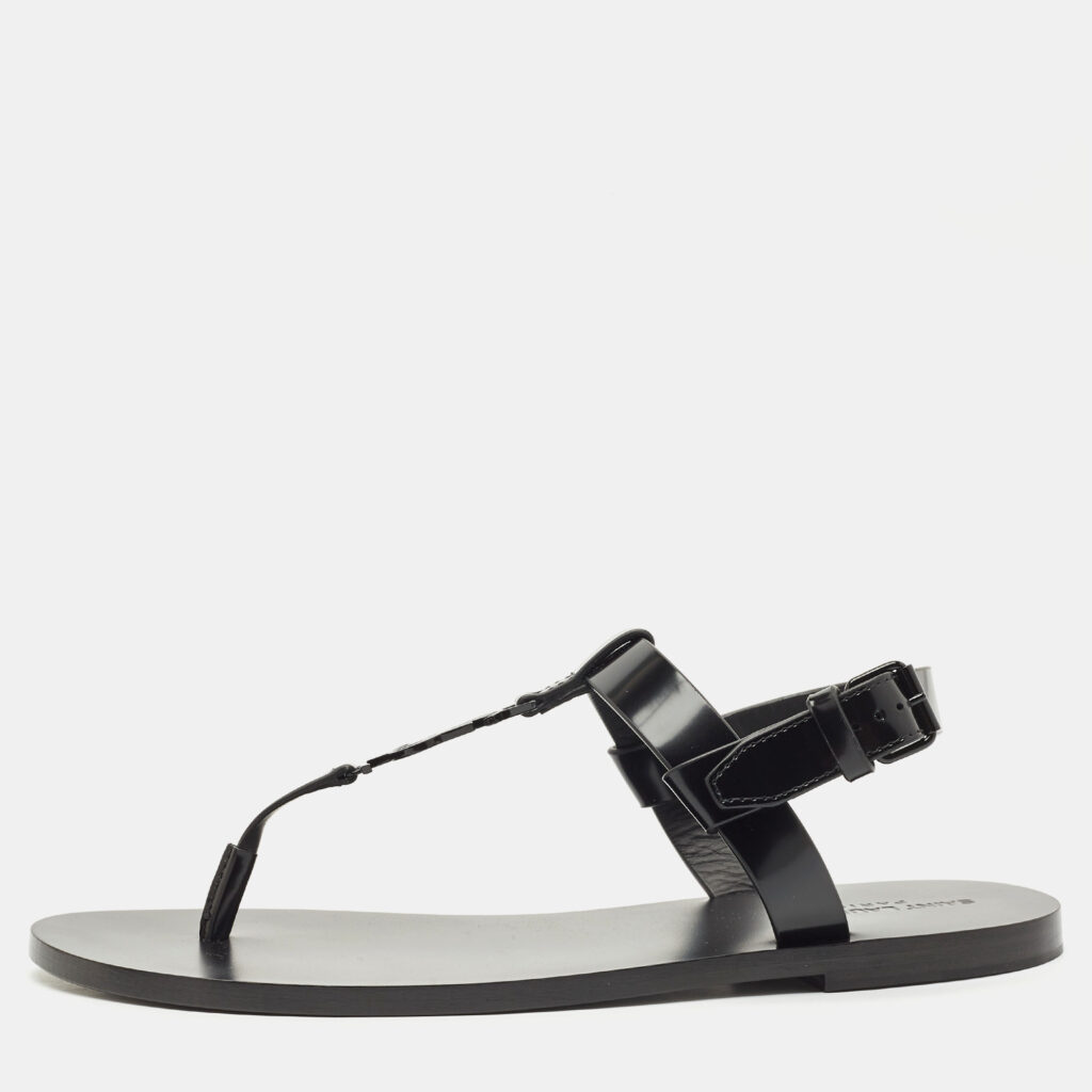 Saint Laurent Black Leather Cassandre Thong Sandals Size 45