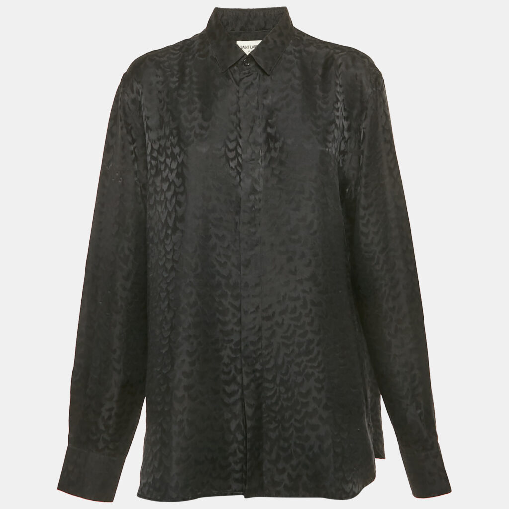 Saint Laurent Black Patterned Satin Silk Long Sleeve Shirt M Saint Laurent Black Patterned Satin Silk Long Sleeve Shirt M