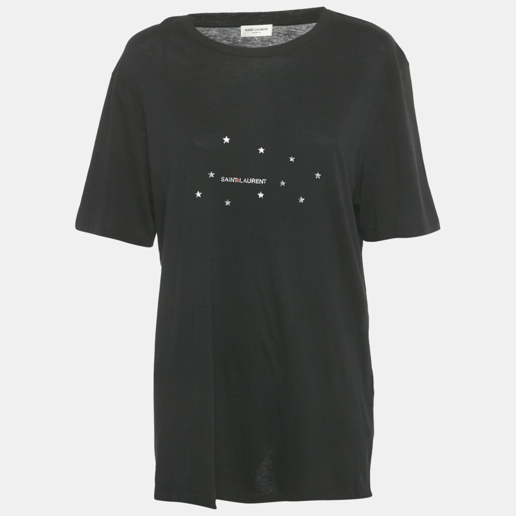 Saint Laurent Paris Black Stars Archive Logo Print Cotton Crew Neck T-Shirt L Saint Laurent Paris Black Stars Archive Logo Print Cotton Crew Neck T-Shirt L