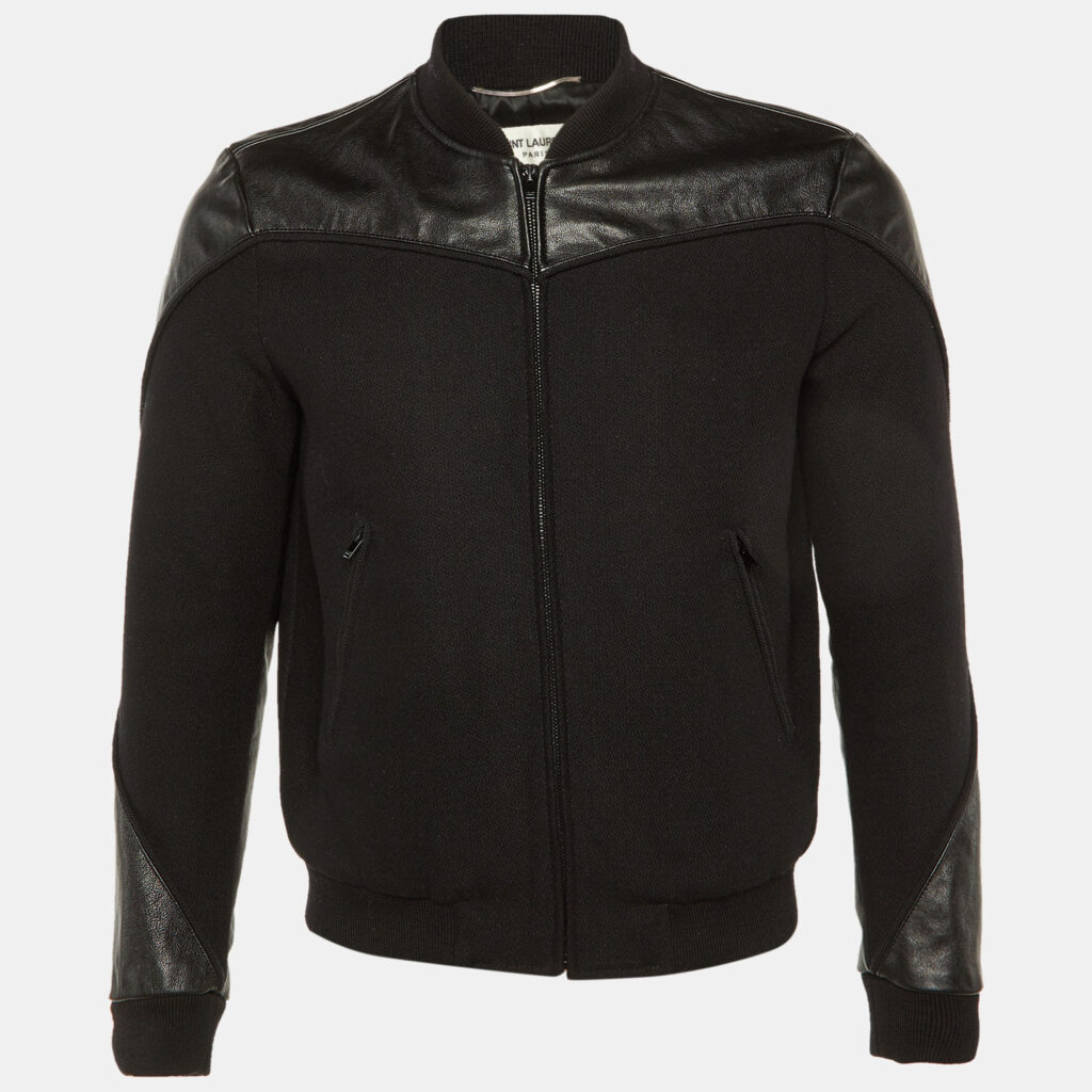 luxury-men-saint-laurent-paris-used-clothes-p1215946-002-1.jpg Saint Laurent Black Wool Leather Trim Bomber Jacket S