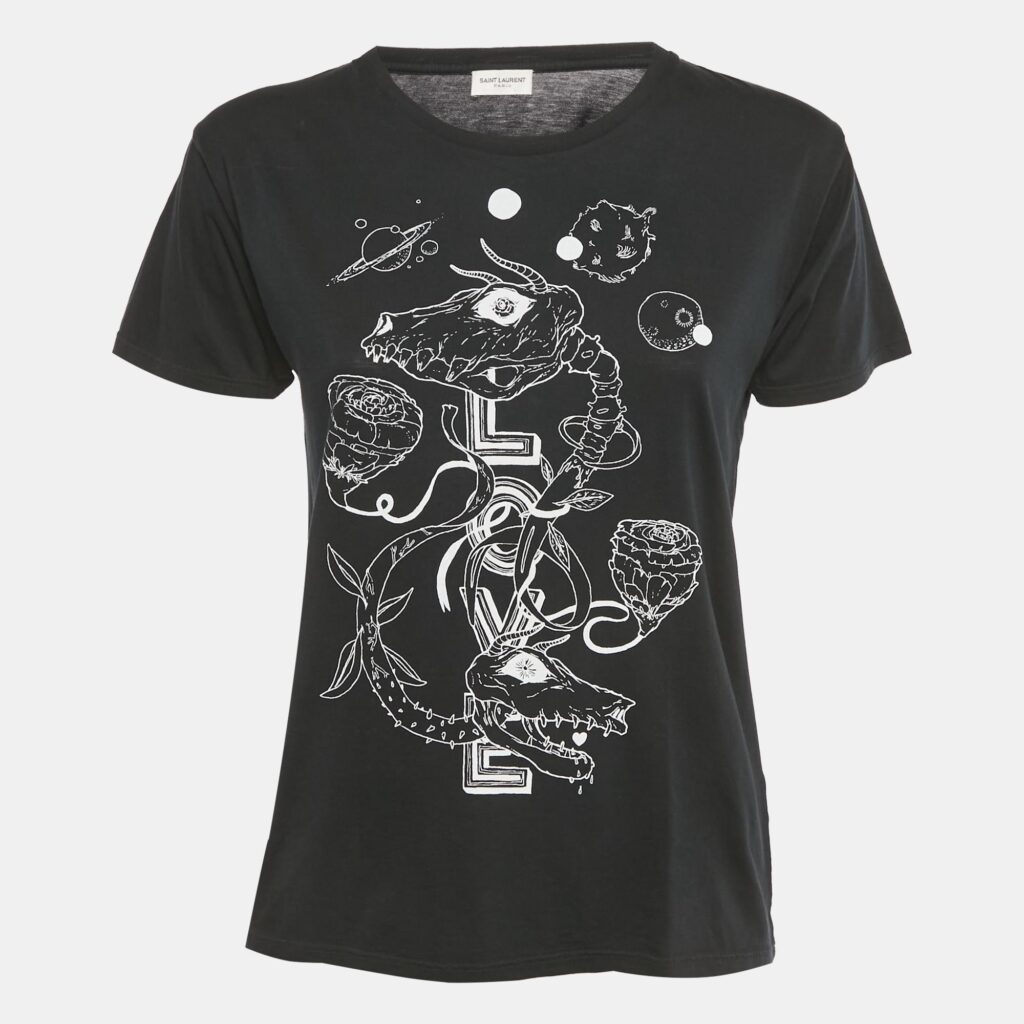 Saint Laurent Paris X Grimes Black Printed Cotton T-Shirt XS